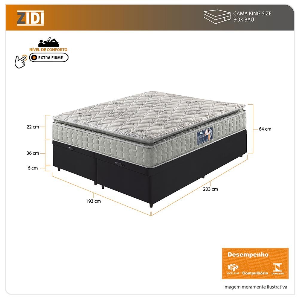 Cama Box Baú King Preto + Colchão Ortopedico Espuma D33 Pillow Top Hanover One 193x203x64cm - 3