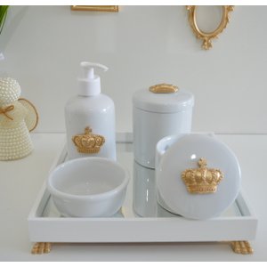 Kit Higiene Porcelana Bebê Banho Cuidado Quarto K014 Coroa - Dourado