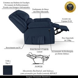 Poltrona do Papai Reclinável Sala de Cinema Madrid Power Elétrica USB PU Azul G23 Gran Belo - 3