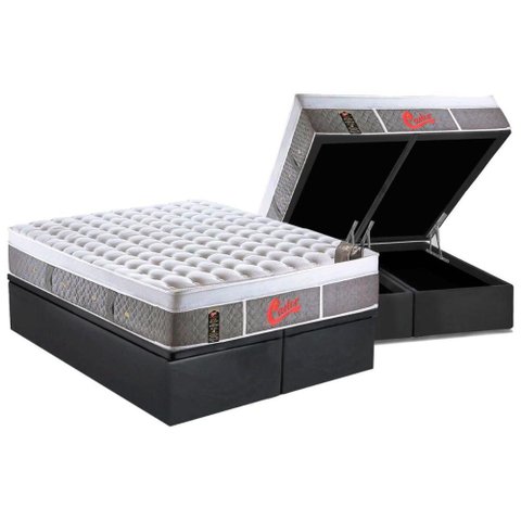 Cama Box Baú King: Colchão Molas Castor Pocket Light Stress Oxygen New Plush Visco + Base CRC