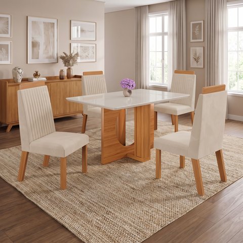 Conjunto Mesa de Jantar com Vidro e 4 Cadeiras 120cm Multimóveis Crljm-CON025 Madeirado/Off White
