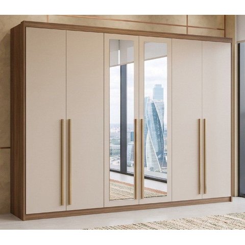 Guarda Roupa Casal 100% MDF 6 Portas 6 Gavetas com Espelhos Dubai Majestic Marrom/Nature/Fendi