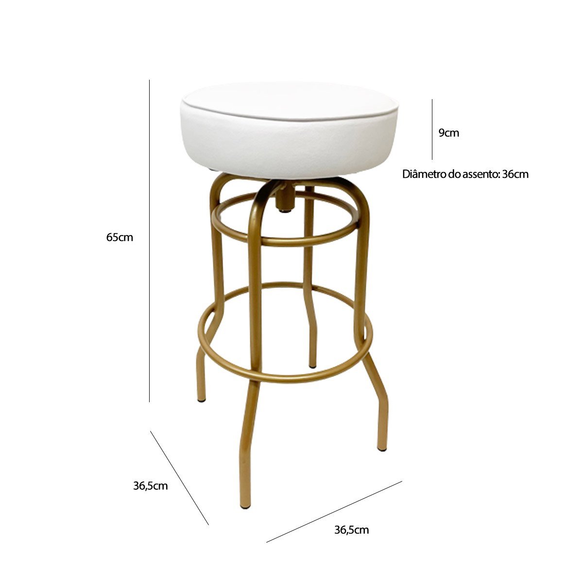 Banqueta Altura 65cm Bar Giratória cor Dourado fosco assento branco Kit 4 unidades Poltronas do Sul  - 3