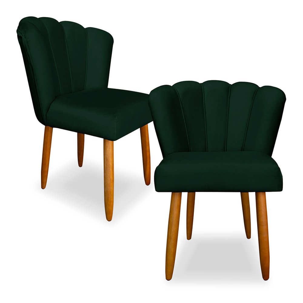 Kit 2 Cadeiras de Jantar Pétala Estofada Pés Palito Veludo Verde - Montanaris Decor