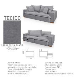 Sofá Veneza Retrátil Reclinável com Molas Ensacadas no Assento Tecido Linho Cinza Claro 2,50m - 5