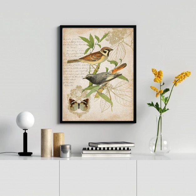 Quadro Decorativo Pássaros Vintage - Botânica 33x24cm - com Vidro:madeira Preta - 2