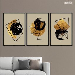 Kit 03 Quadros Decorativos - Formas Geometricas Preto e Dourado Abg038 - Canvas 60x80cm - 1