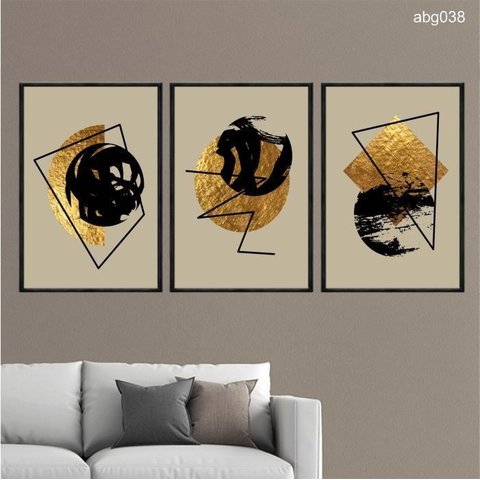 Kit 03 Quadros Decorativos - Formas Geometricas Preto e Dourado Abg038 - Canvas 60x80cm