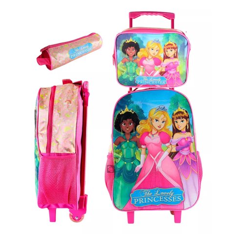 Kit Mochila Infantil Escolar com 3 Peças Princesas Diversão