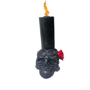 Escultura Crânio Porta Vela Preto 12x8cm com Rosa em Resina