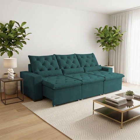 Sofá Retrátil Design 250m Suede Elegante Reclinável e Ideal para Salas Modernas e Amplas Milão Verde