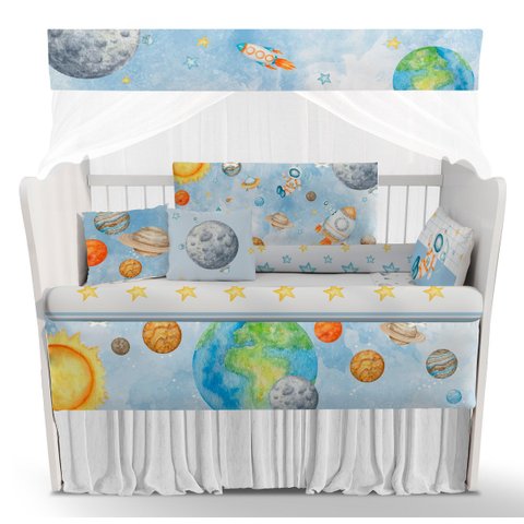 Kit Berço Enxoval de Bebê Planetas Astronauta Espaço Azul Menino - Kt598