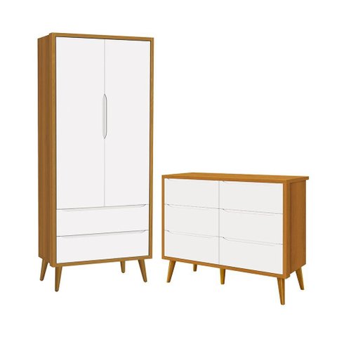Jogo de Quarto Infantil Theo Guarda Roupa 2 Portas e Cômoda 6 Gavetas Branco/Savana com Pés