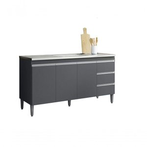 Gabinete Balcão para Pia Andreia sem Tampo 150cm 3 Portas 3 Gavetas Cinza Fosco