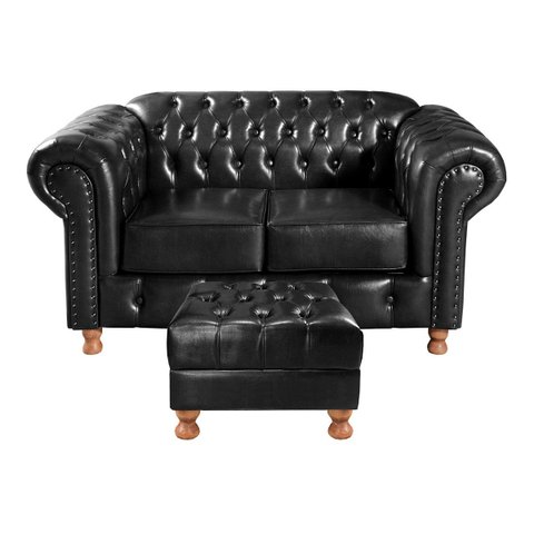 Conjunto Sofá Luis Xv 2 Lugares + Puff Capitonê Chesterfield - Couríssimo Preto