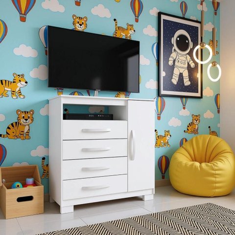 Cômoda com Sapateira Infantil Tv Quarto 4 Gavetas 1 Porta Branco