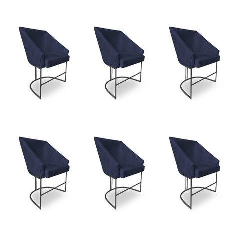 Kit 6 Poltronas Luxo Alana Suede Azul Marinho Base Ferro Preto - Pallazio