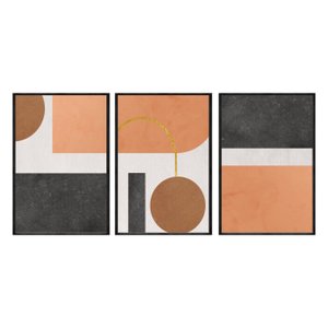 Kit 3 Quadros Decorativos 60x80cm Vidro Formas Geometricas Laranja Marrom e Preto Abg035