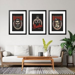 Kit 3 Quadros Grandes Barbearia 60x48cm:moldura Preta