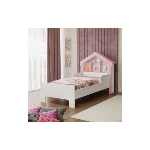Cama Casinha Solteiro Nicho e Prateleira de Brinquedo para Quarto Infantil de Crianças Menina