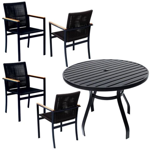 Jogo de Mesa Ripada 1,00m 4 Poltronas Amélia Corda Náutica para Jantar Jardim Piscina Preto
