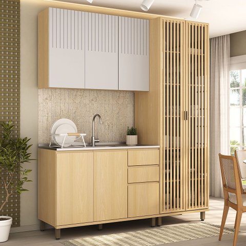 Cozinha Compacta 100 MDF 3 Peças com Cristaleira 190cm Aura Luciane Móveis