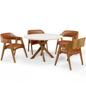 Mesa de Jantar Redonda Cora 120cm Off White M04 com 04 Cadeiras Living Suran Couríssimo Camel - Lyam