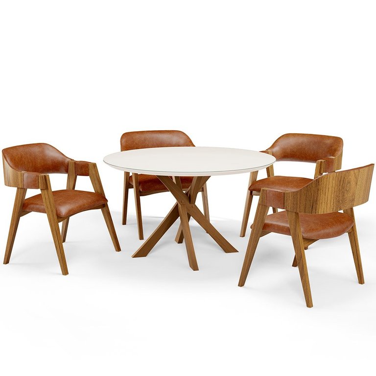 Mesa de Jantar Redonda Cora 120cm Off White M04 com 04 Cadeiras Living Suran Couríssimo Camel - Lyam Mesa de Jantar Redonda Cora 120cm Off White M04 com 04 Cadeiras Living Suran Couríssimo Camel - Lyam