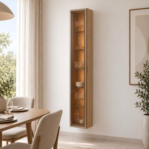 Cristaleira Armário Suspenso LED 1 Porta Vidro Reflecta 5 Prateleiras Sala de Jantar Quarto Carvalho