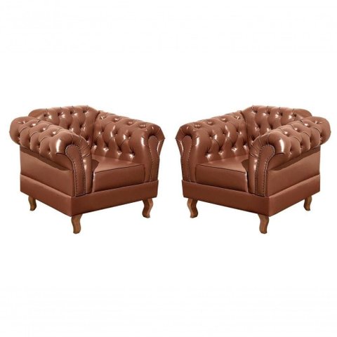 Conjunto 2 Poltronas Dom Pedro Couro Sintético Caramelo Bella Decor