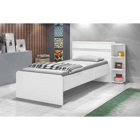 Kit 2x1 Para Quarto Com Cama de Solteiro Branca com Gaveta 3 Prateleiras e com Cabeceira Baú Interno