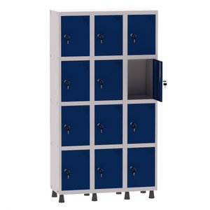 Roupeiro de Aço 3 Vãos 12 Portas com Fechadura Pandin 1,90 M Cinza e Azul Del Rey