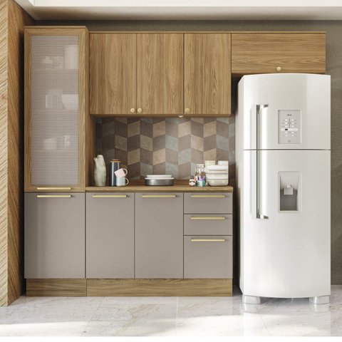 Armário de Cozinha Modulada Completa Reta 5 Peças 2,50m 228 Botanic Kappesberg - Nogueira/fendi