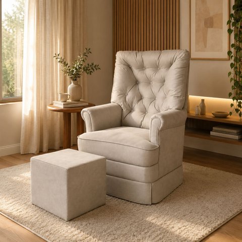 Poltrona de Amamentação com Puff Balanço Confortável Premium - Suede Bege