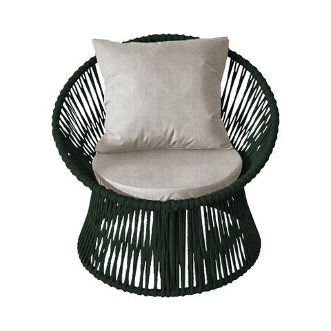 Poltrona Decorativa Estofada Sol com Almofada em Corda Náutica e Base em Alumínio Preta/verde Musgo