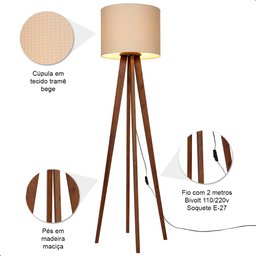Luminária de Chão Madri com Pés de Madeira e Tecido Tramê Bege 158cm - 4