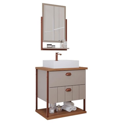 Gabinete para Banheiro 60 Cm 100% Mdf 2 Gavetas C/ Espelheira Uni Mgm Móveis Cappuccino/freijo