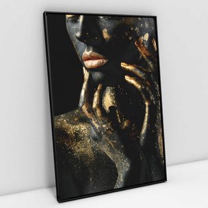 Quadro Decorativo Mulher Dourada Fashion em Tela Canvas Tacolado Moldura Flutuante 4,5cm Preta 100 X