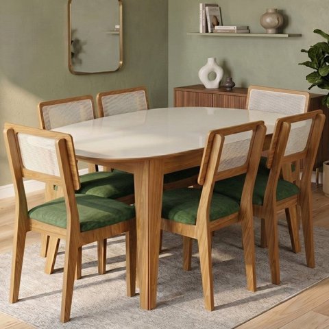 Conjunto para Sala de Jantar Mesa Orgânica e 6 Cadeiras Estofadas Encosto Telado 100% MDF Bolonha