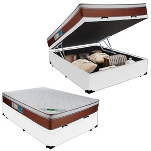 Cama Box Baú Casal Sintético + Colchão Molas Ensacadas Luckspuma Caribe 138x188x66:Branco
