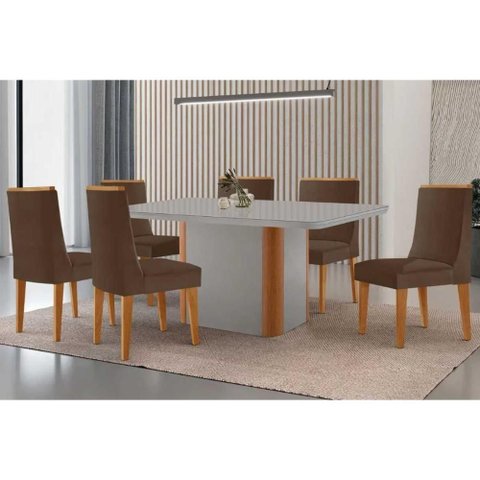 Sala Jantar Mesa Pietá Tampo C/ Vidro Curvo 180cm+6 Cadeiras Dakota Naturale/off White - Suede