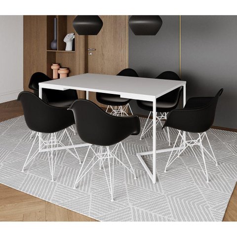 Mesa Industrial Jantar Branca 137x90cm Base V com 6 Poltronas Pretas Ferro Branco Branco
