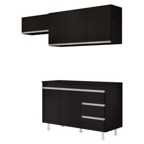 Cozinha Planejada Lux 3 Peças 100%mdf com Balcão Gabinete Tampo 120cm 3 Gavetas Preto - Desk