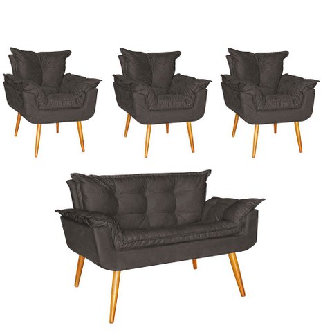 Kit 03 Poltrona e Namoradeira Opala para Quarto Sala Recepção Suede Marrom Escuro - Ninho Decor