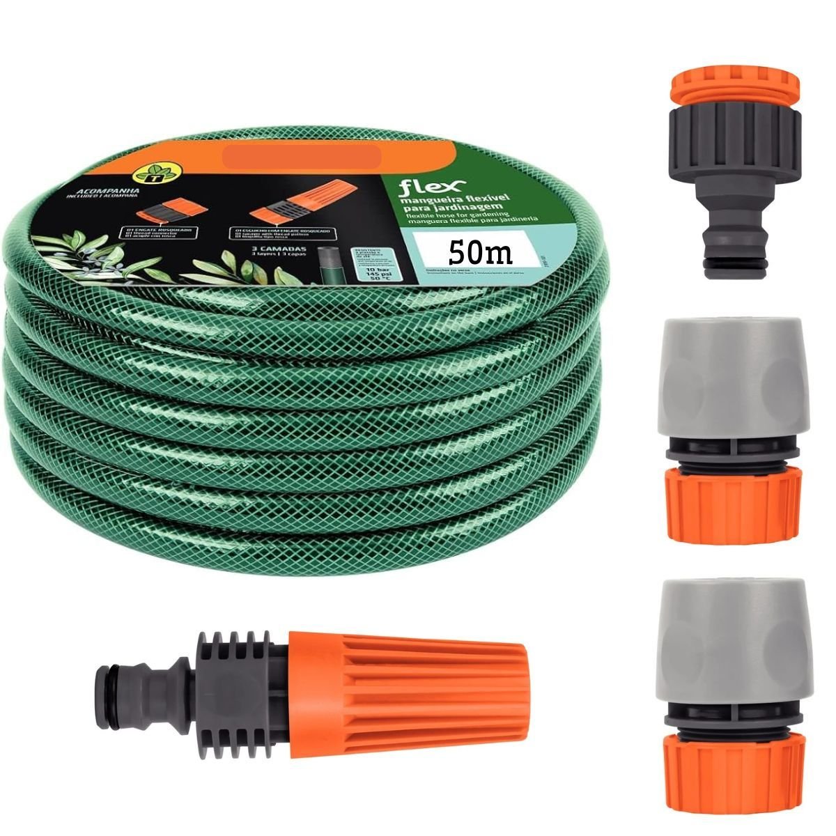 Kit 50m Mangueira Jardim Verde + Conjunto Engates Tramontina