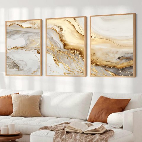 Kit Quadro Decorativo 3 Telas Mármore Luxo Branco e Dourado Tacolado Moldura Trad 1cm Preta com Vidr