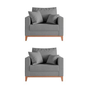 Kit 2 Poltronas Beny Decorativa com 2 Almofadas Linho Cinza Base em Madeira Maciça
