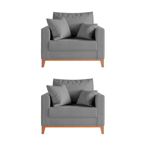 Kit 2 Poltronas Beny Decorativa com 2 Almofadas Linho Cinza Base em Madeira Maciça