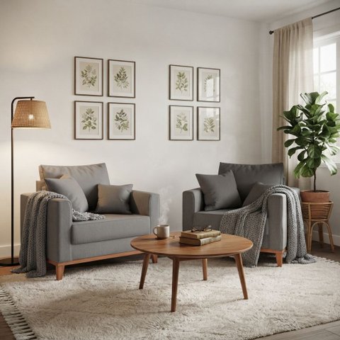 Kit 2 Poltronas Beny Decorativa com 2 Almofadas Linho Cinza Base em Madeira Maciça