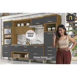 Bancada Ilha Cozinha Princesa com 2 Portas e 3 Gavetas 200cm Freijó Grafite - 4